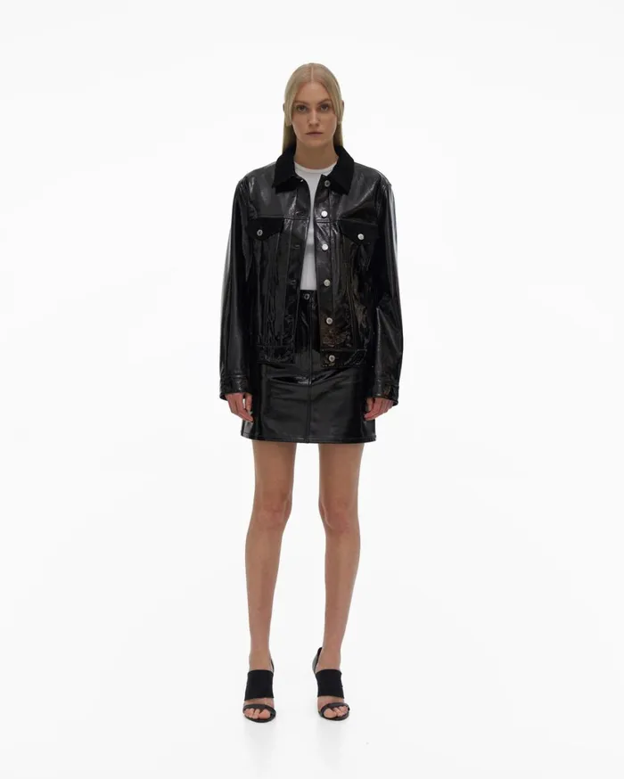 Women Leather Trucker Jacket Black Helmut Lang Jackets