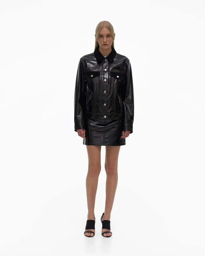 Women Leather Trucker Jacket Black Helmut Lang Jackets