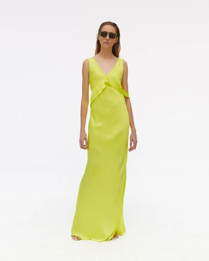 Women Long Double Satin Sash Dress Neon Yellow Helmut Lang Dresses