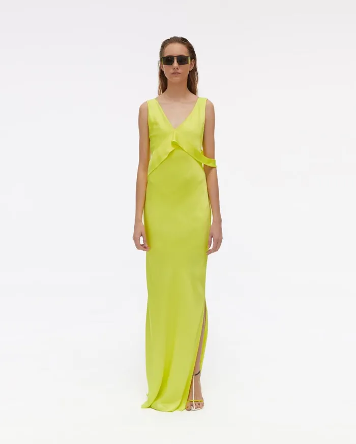 Women Long Double Satin Sash Dress Neon Yellow Helmut Lang Dresses