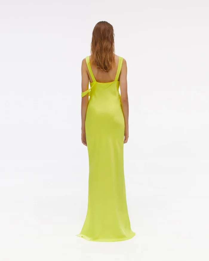 Women Long Double Satin Sash Dress Neon Yellow Helmut Lang Dresses
