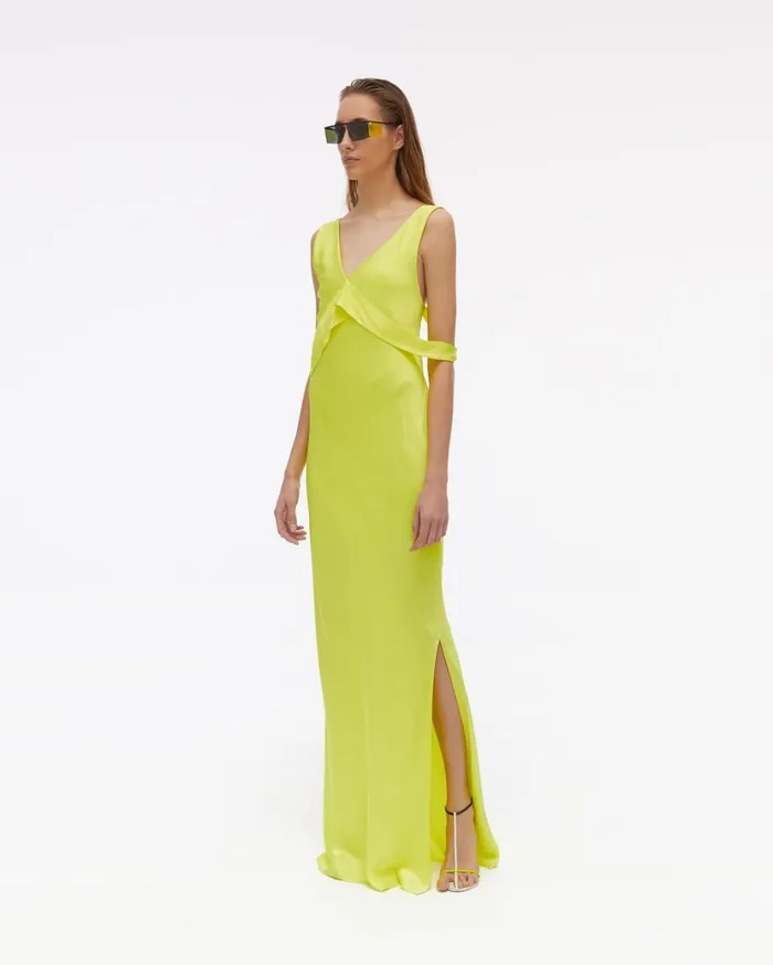 Women Long Double Satin Sash Dress Neon Yellow Helmut Lang Dresses