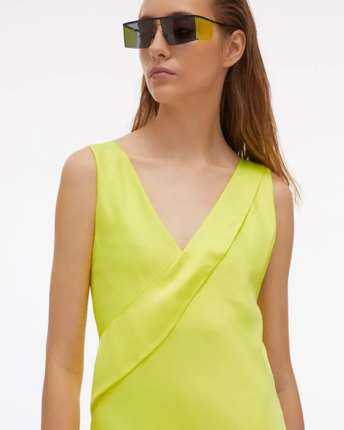 Women Long Double Satin Sash Dress Neon Yellow Helmut Lang Dresses