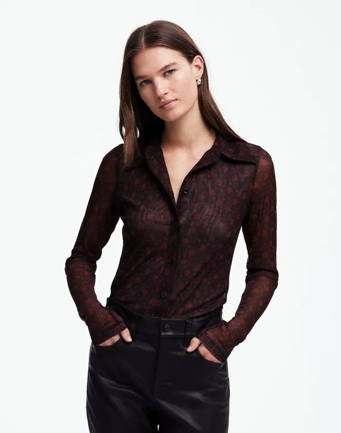 Women LongSleeve ButtonFront Top In Floral Mesh Bright Cherry Madewell Tops and Shirts Women LongSleeve ButtonFront Top In Floral Mesh Bright Cherry Madewell Tops and Shirts