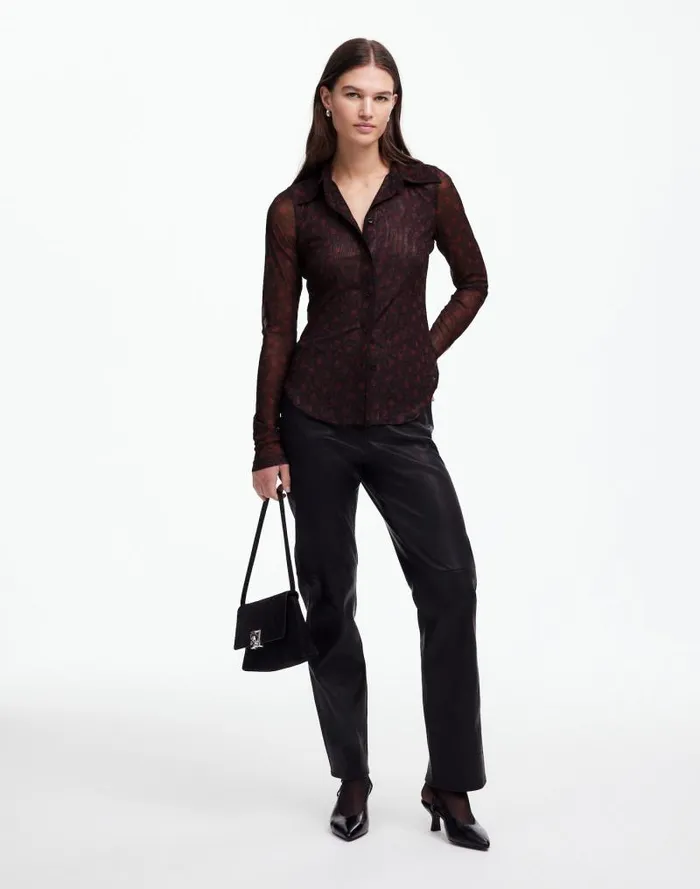 Women LongSleeve ButtonFront Top In Floral Mesh Bright Cherry Madewell Tops and Shirts