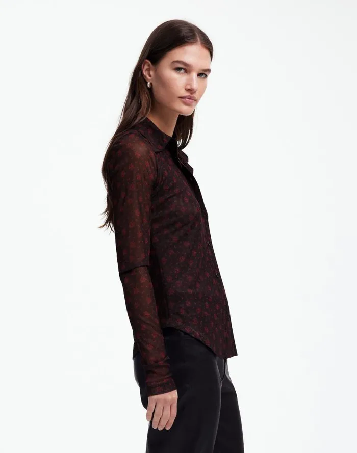 Women LongSleeve ButtonFront Top In Floral Mesh Bright Cherry Madewell Tops and Shirts