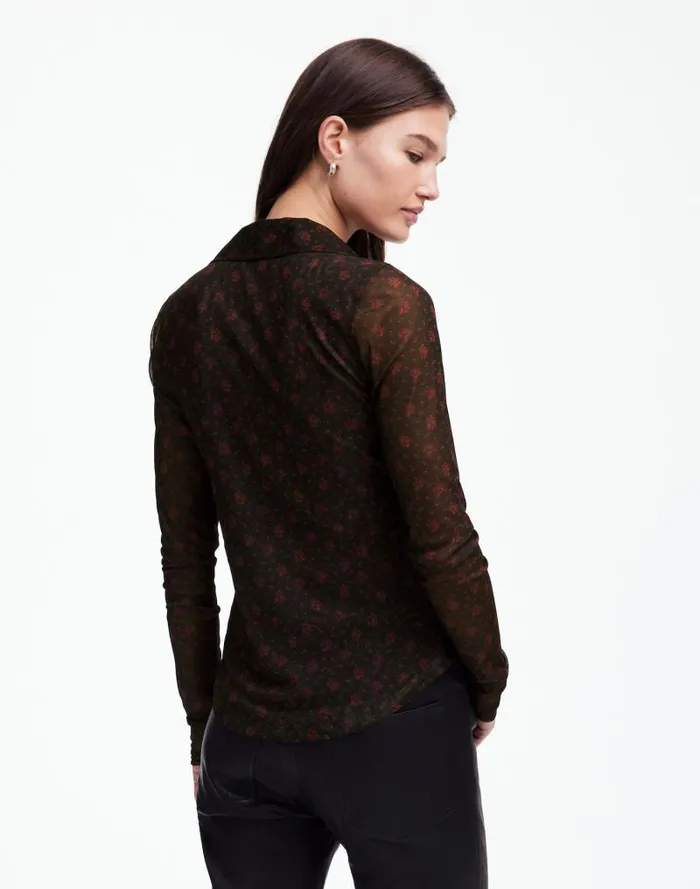 Women LongSleeve ButtonFront Top In Floral Mesh Bright Cherry Madewell Tops and Shirts