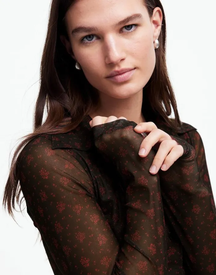 Women LongSleeve ButtonFront Top In Floral Mesh Bright Cherry Madewell Tops and Shirts