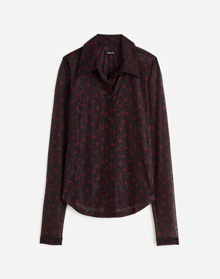Women LongSleeve ButtonFront Top In Floral Mesh Bright Cherry Madewell Tops and Shirts