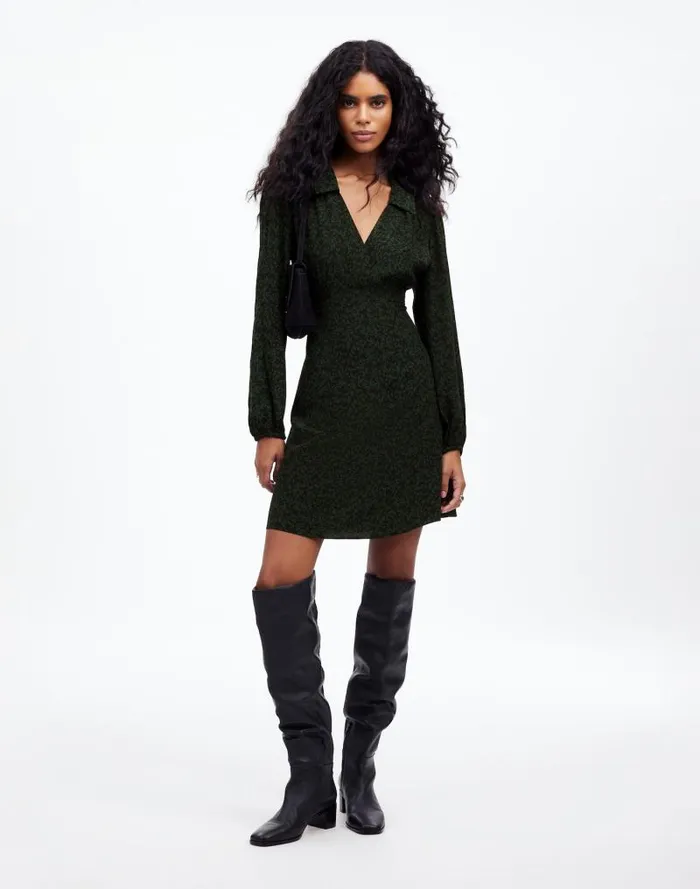 Women LongSleeve Mini Shirtdress In Floral Green Print Madewell Dresses