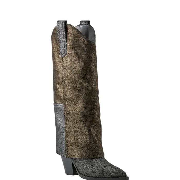 Women Marc Fisher Boots Harlo Foldover Western Boot Black Metallic Denim