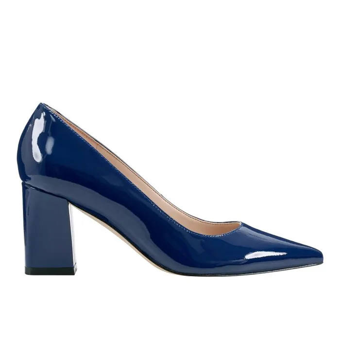 Women Marc Fisher Heels and Pumps Zala Block Heel Pointy Toe Pump Dark Blue Patent Leather