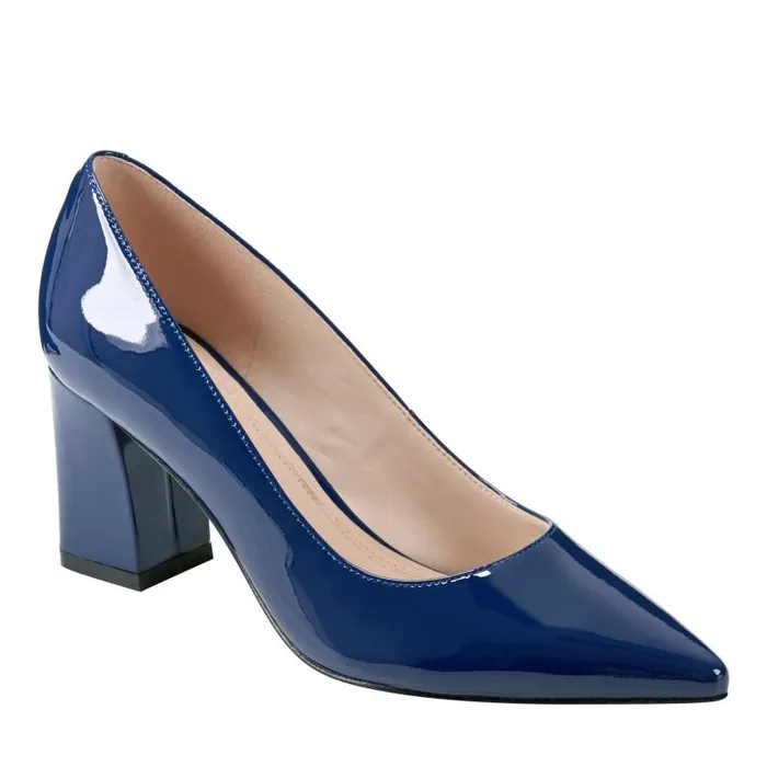 Women Marc Fisher Heels and Pumps Zala Block Heel Pointy Toe Pump Dark Blue Patent Leather