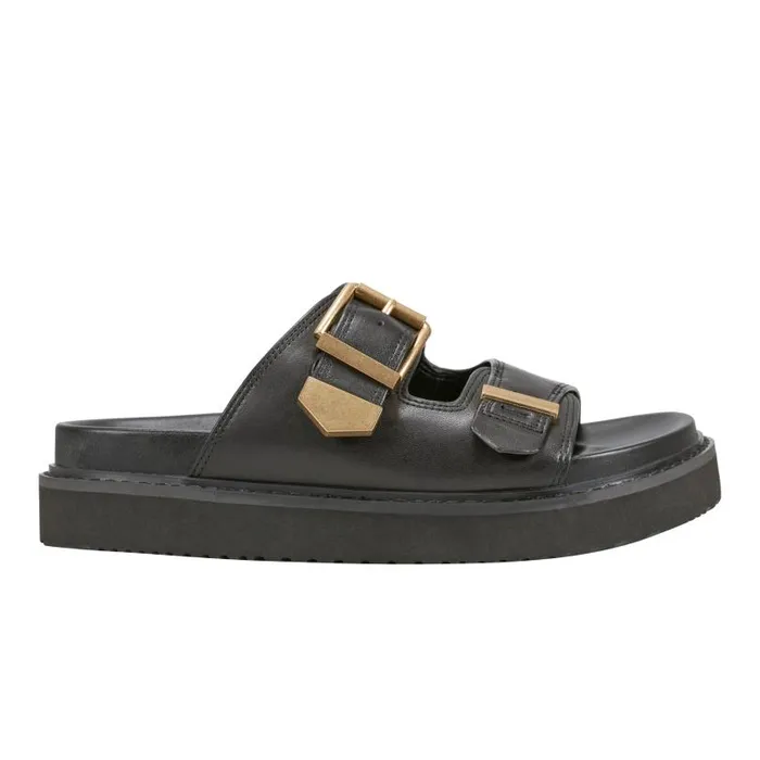 Women Marc Fisher Mules and Slides Amirra Buckle Slide Sandal Black Leather