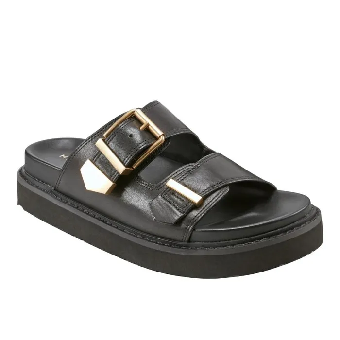 Women Marc Fisher Mules and Slides Amirra Buckle Slide Sandal Black Leather