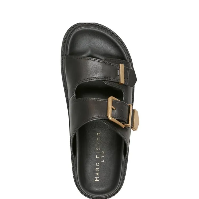 Women Marc Fisher Mules and Slides Amirra Buckle Slide Sandal Black Leather