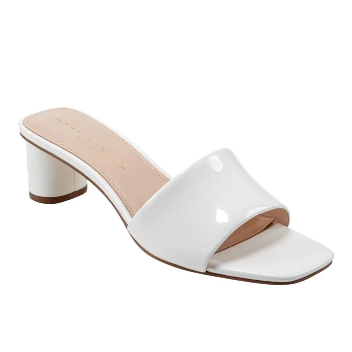 Women Marc Fisher Mules and Slides Nemmie Heeled Slide Sandal White Patent Leather