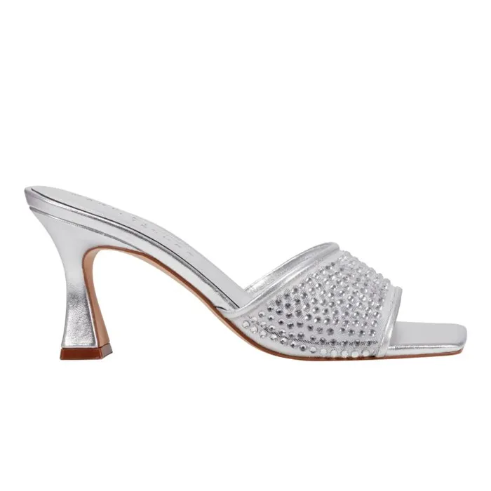 Women Marc Fisher Sandals Delaney Studded Slide Sandal Silver Leather