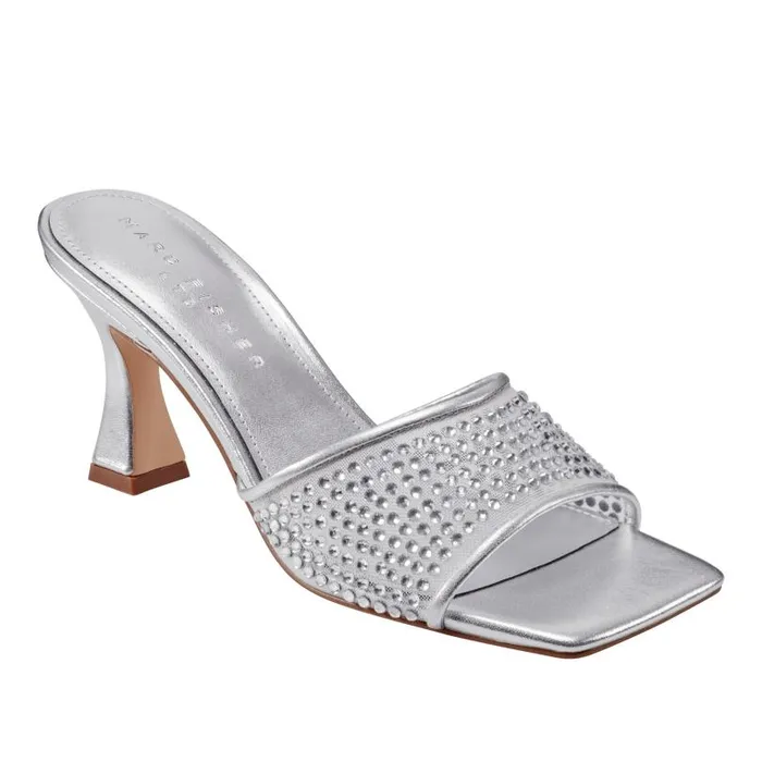 Women Marc Fisher Sandals Delaney Studded Slide Sandal Silver Leather