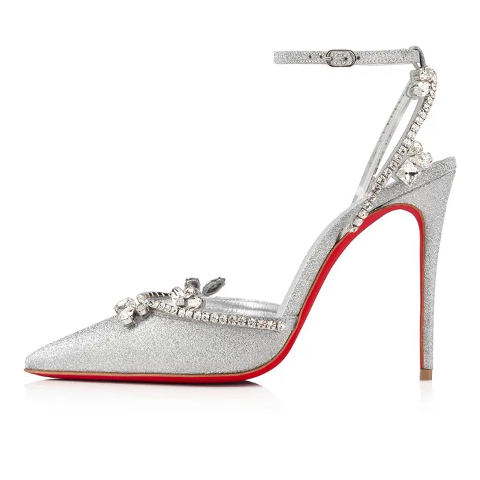 Women Marykate Queen 100 Mm Pumps 8211 Glittered Calf Leather And PVC 8211 Silver Silver Christian Louboutin Pumps