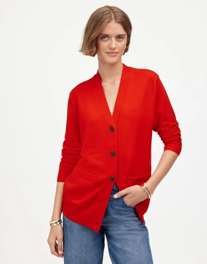 Women Merino Wool Boyfriend Cardigan Bright Cherry Madewell Sweaters