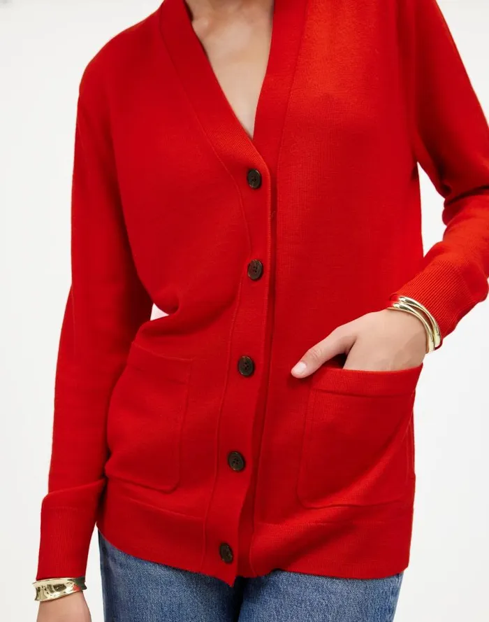 Women Merino Wool Boyfriend Cardigan Bright Cherry Madewell Sweaters