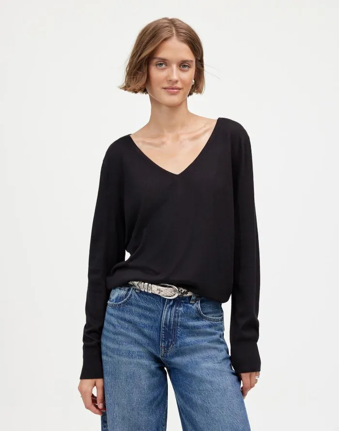 Women Merino WoolSilk Blend VNeck Sweater True Black Madewell Sweaters