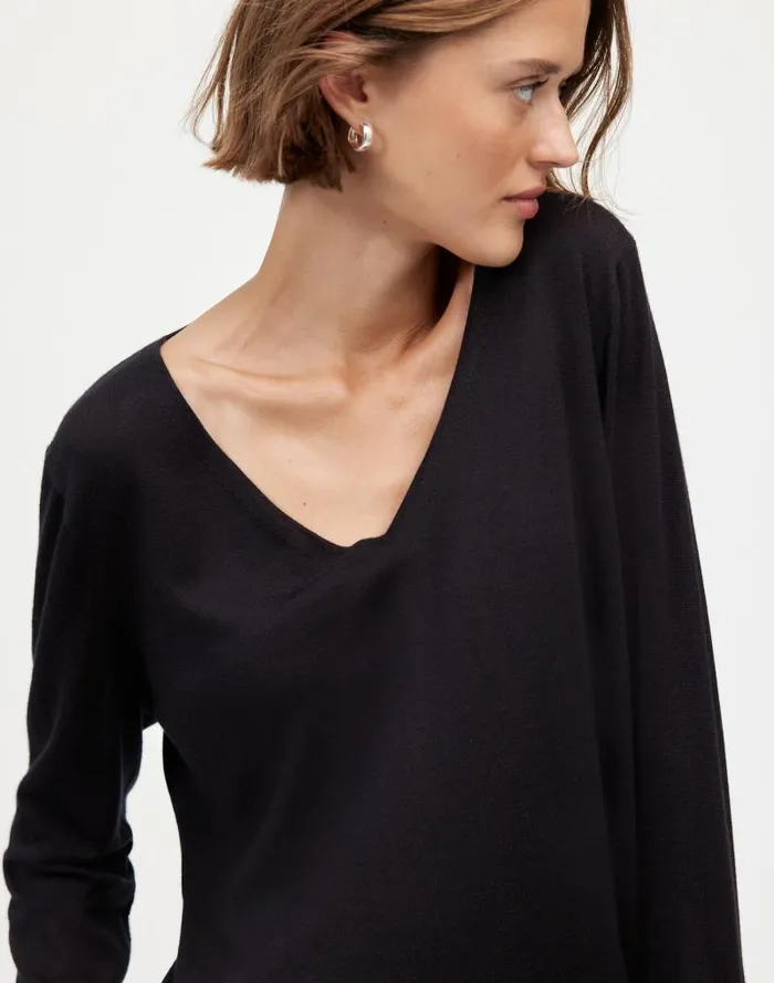 Women Merino WoolSilk Blend VNeck Sweater True Black Madewell Sweaters