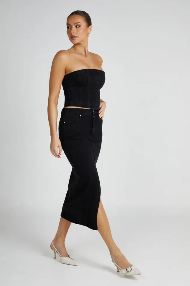 Women Meshki Bottoms Acacia Denim Midi Skirt 8211 Washed Black