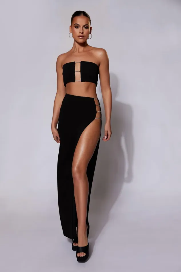 Women Meshki Bottoms Anastasia Diamante Rope Maxi Skirt With Split 8211 Black