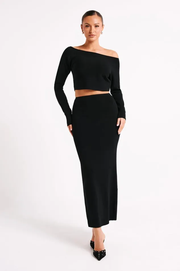 Women Meshki Bottoms Avani Mid Rise Knit Maxi Skirt 8211 Black