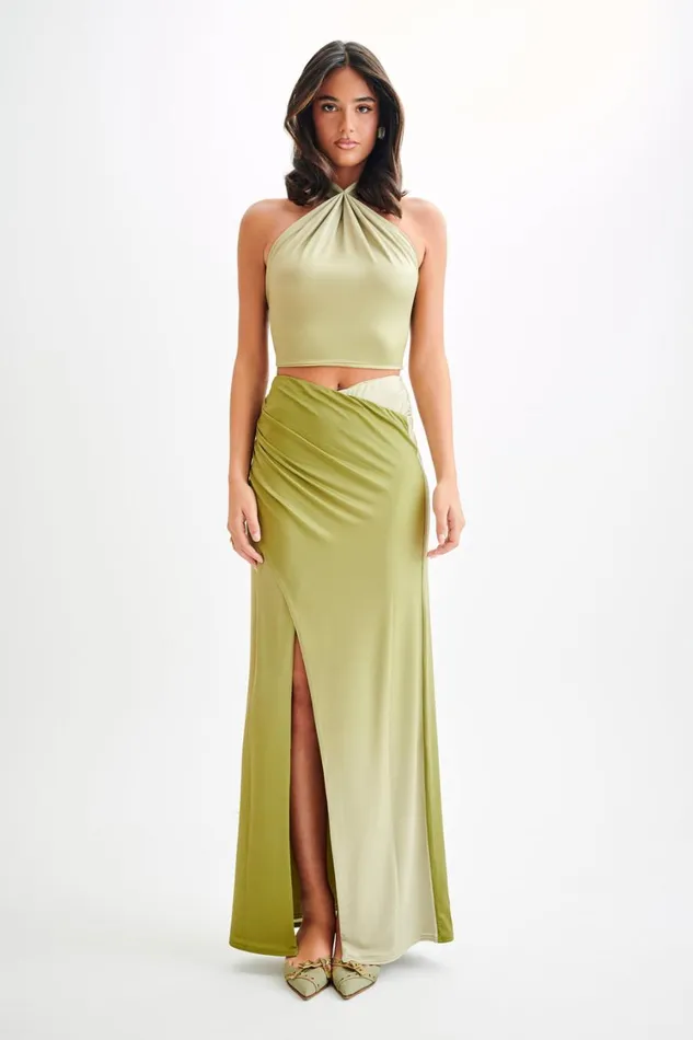 Women Meshki Bottoms Bronwyn Slinky Ruched Maxi Skirt With Split 8211 Ombre Vintage Olive