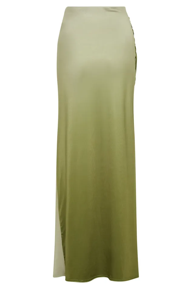 Women Meshki Bottoms Bronwyn Slinky Ruched Maxi Skirt With Split 8211 Ombre Vintage Olive