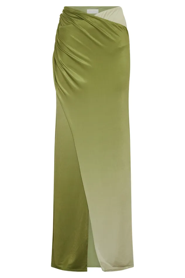 Women Meshki Bottoms Bronwyn Slinky Ruched Maxi Skirt With Split 8211 Ombre Vintage Olive
