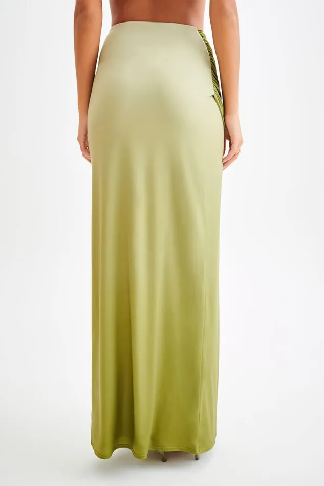 Women Meshki Bottoms Bronwyn Slinky Ruched Maxi Skirt With Split 8211 Ombre Vintage Olive