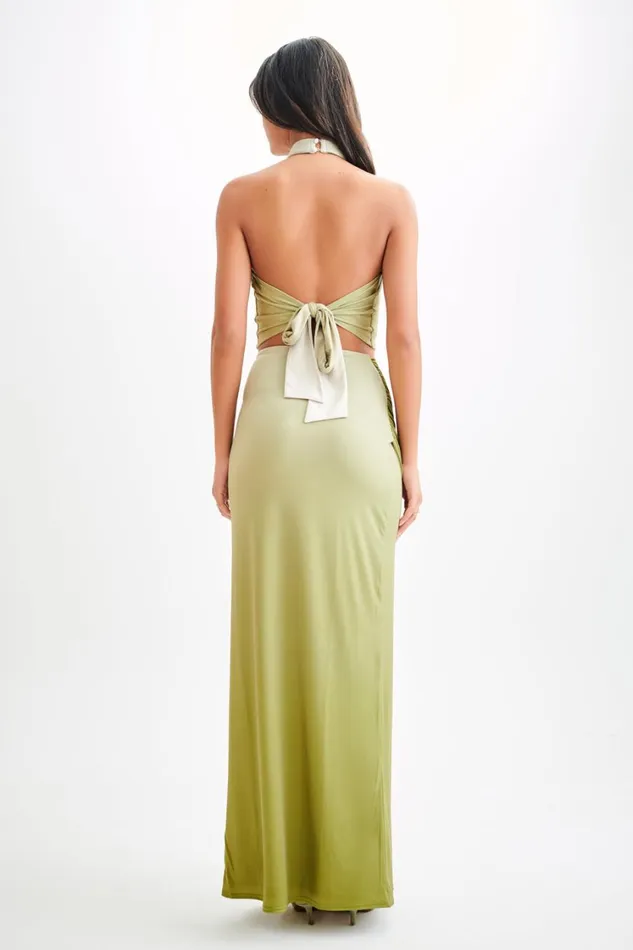Women Meshki Bottoms Bronwyn Slinky Ruched Maxi Skirt With Split 8211 Ombre Vintage Olive