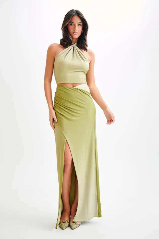 Women Meshki Bottoms Bronwyn Slinky Ruched Maxi Skirt With Split 8211 Ombre Vintage Olive