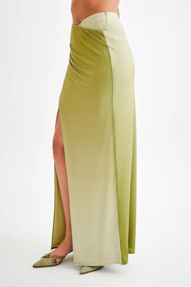 Women Meshki Bottoms Bronwyn Slinky Ruched Maxi Skirt With Split 8211 Ombre Vintage Olive
