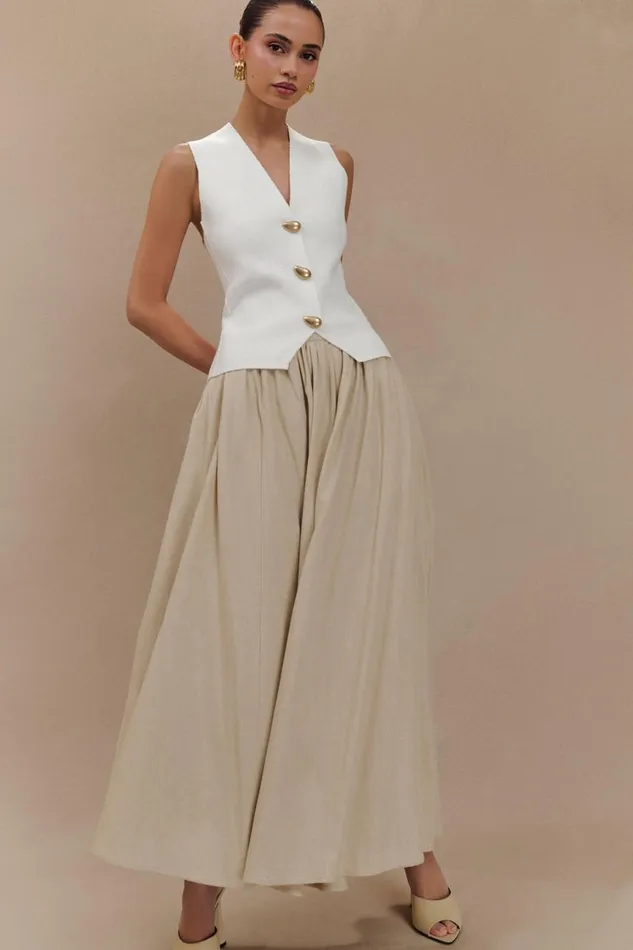 Women Meshki Bottoms Clarence Linen ALine Maxi Skirt 8211 Natural