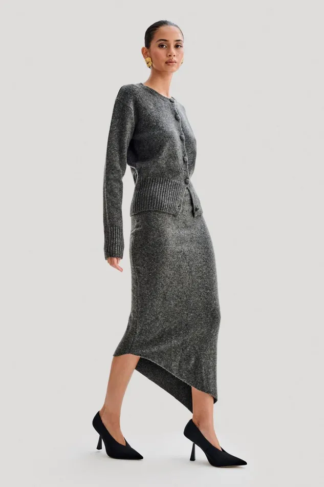 Women Meshki Bottoms Genevieve Asymmetrical Knit Midi Skirt 8211 Charcoal Marle
