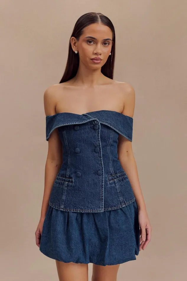 Women Meshki Bottoms Genia Denim Bubble Mini Skirt 8211 Dark Blue