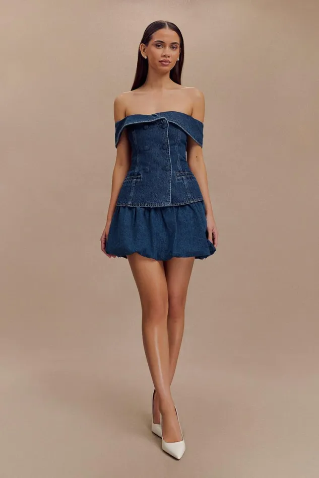 Women Meshki Bottoms Genia Denim Bubble Mini Skirt 8211 Dark Blue