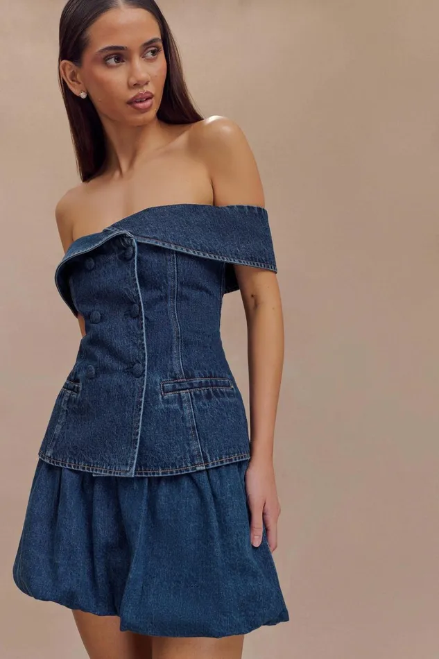 Women Meshki Bottoms Genia Denim Bubble Mini Skirt 8211 Dark Blue