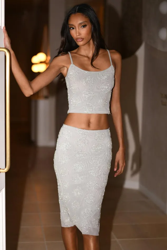 Women Meshki Bottoms Greta Rose Beaded Midi Skirt 8211 Silver