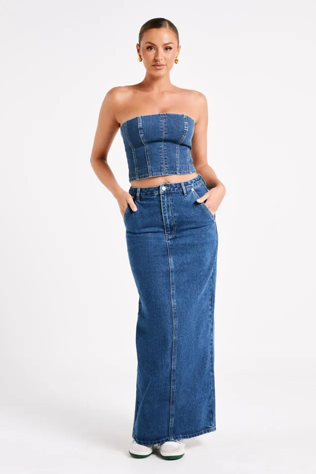 Women Meshki Bottoms Illona Denim Maxi Skirt 8211 Dark Blue