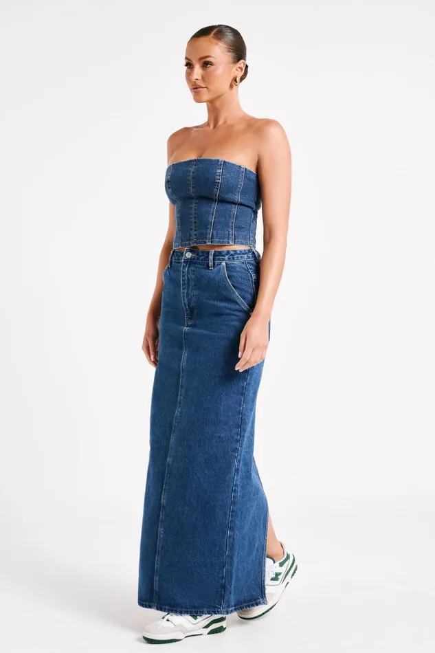 Women Meshki Bottoms Illona Denim Maxi Skirt 8211 Dark Blue