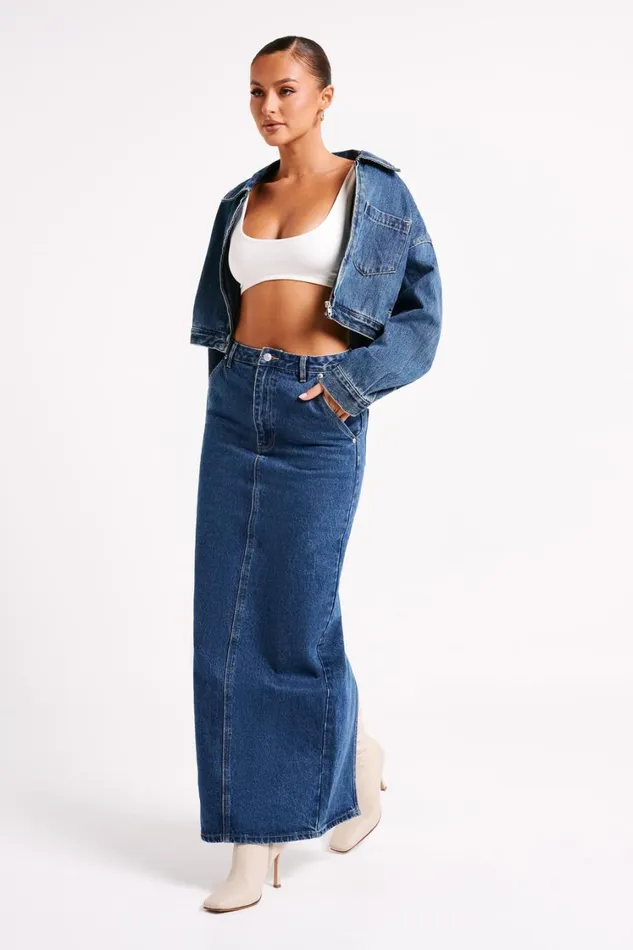 Women Meshki Bottoms Illona Denim Maxi Skirt 8211 Dark Blue