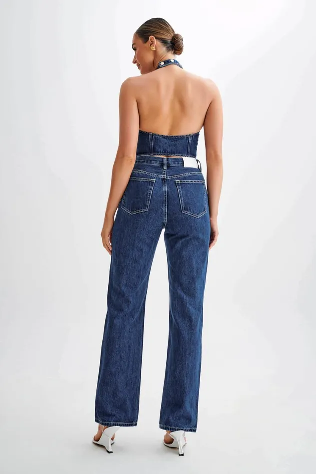 Women Meshki Bottoms Janine High Waisted Straight Leg Jeans 8211 Dark Blue