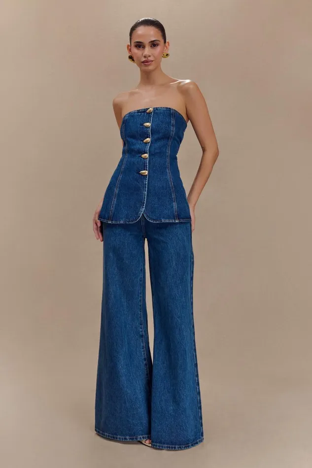 Women Meshki Bottoms Jen Wide Leg Flare Denim Jeans 8211 Dark Blue
