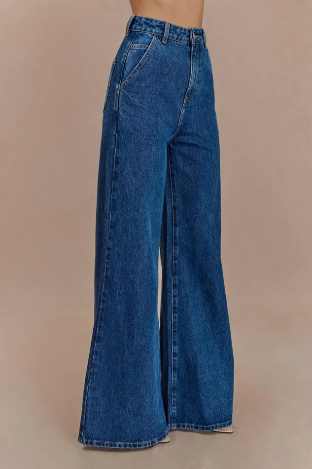 Women Meshki Bottoms Jen Wide Leg Flare Denim Jeans 8211 Dark Blue